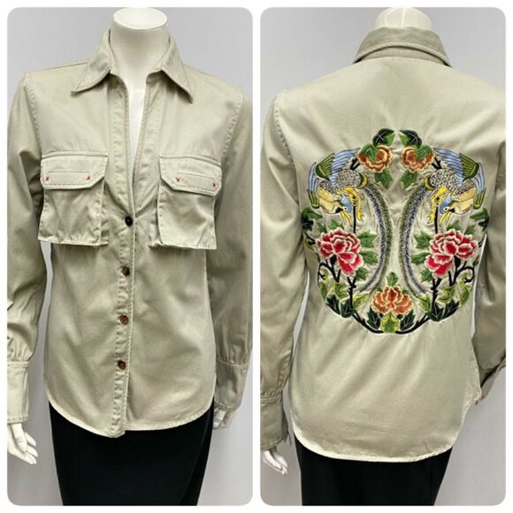 Paul Smith Woman Shirt PSW Khaki Amazing Flower & Birds Embroidery TLC Size 42 S - Picture 1 of 10